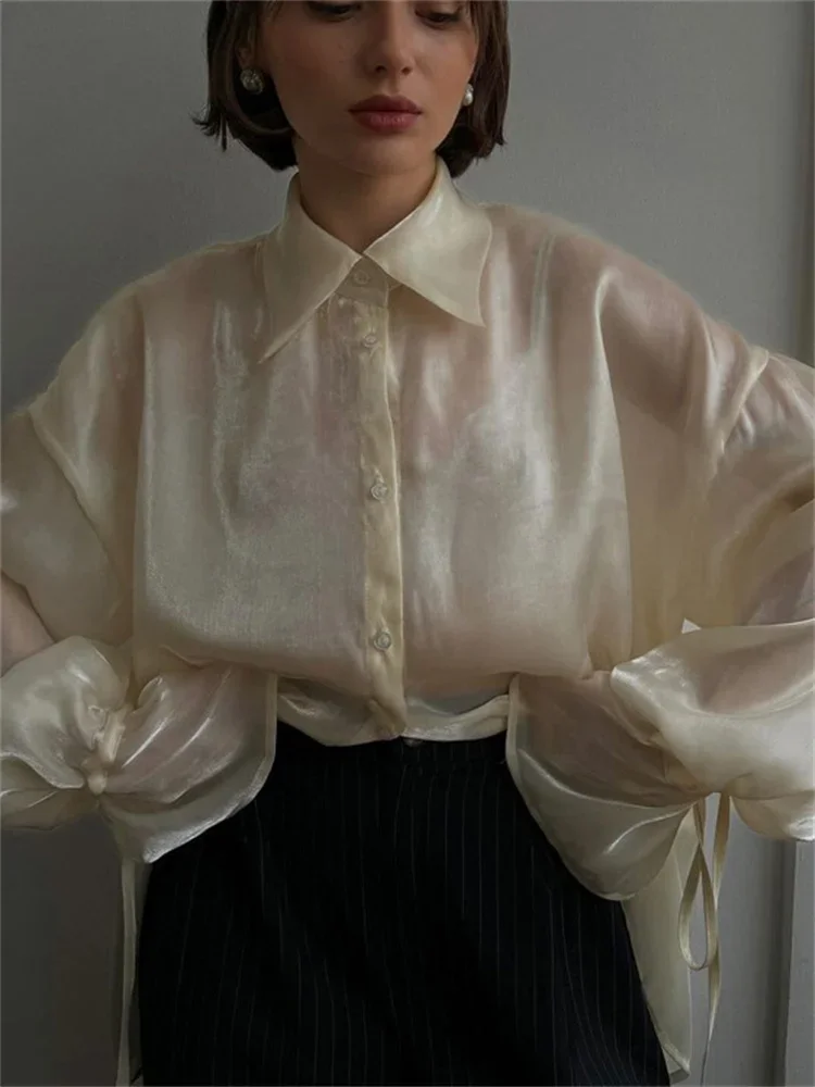 Tossy Casual Loose See-Through Shirts Coat Female Lapel Long Sleeve Lace-Up 2025 Summer Outwear Women's Solid Patchwork Blouse