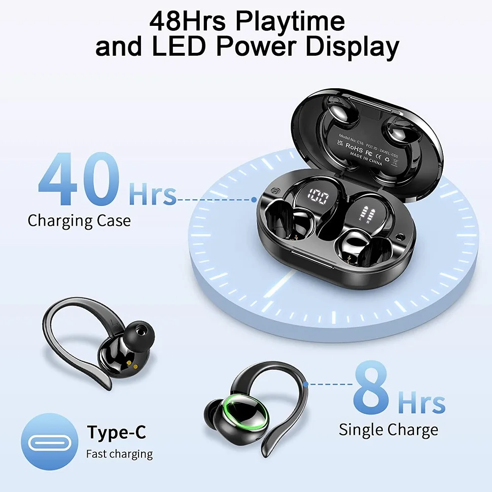 TWS Bluetooth 5.3 Earhook Earphone Sports Headsets Led Headphone Wireless Earbuds Noise Reduction Microphone 48H HiFi Music Time