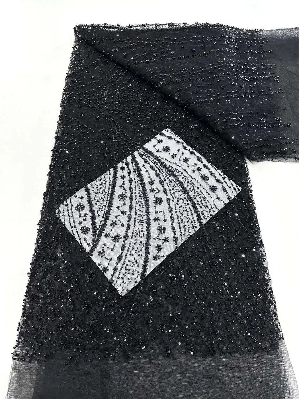 

2025 5 Yards Luxury High-end Beaded Fabric Heavy Sequins Embroidery Fabric Fashion French Tulle Mesh Lace Fabric for Wedding