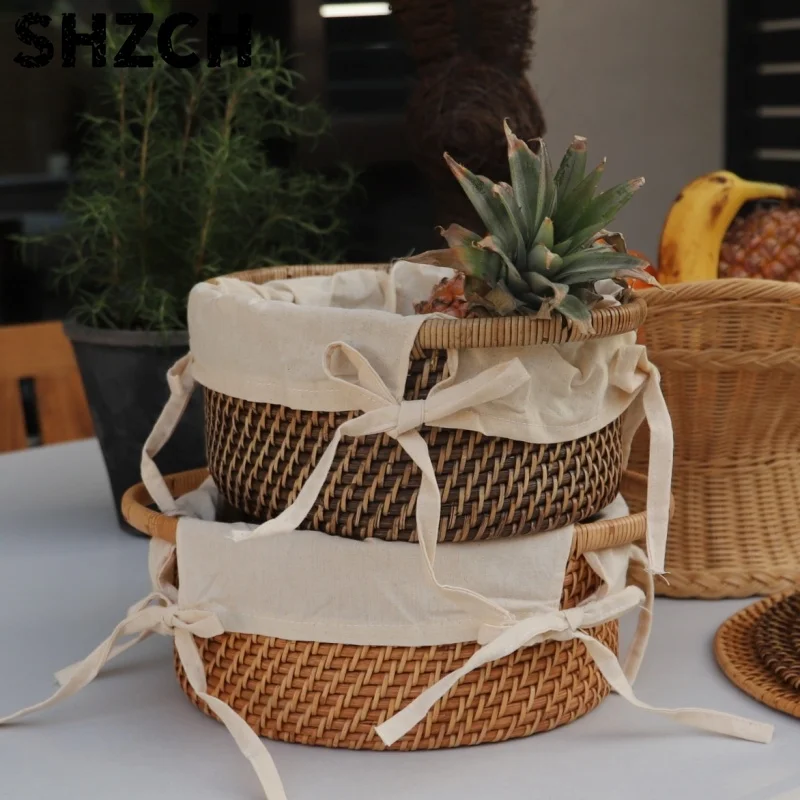 Round Rattan Basket with Handles and Lining,Vintage Fruit Serving Baskets Bowls for bread,Snack,Kitchen Countertop Basket Gift
