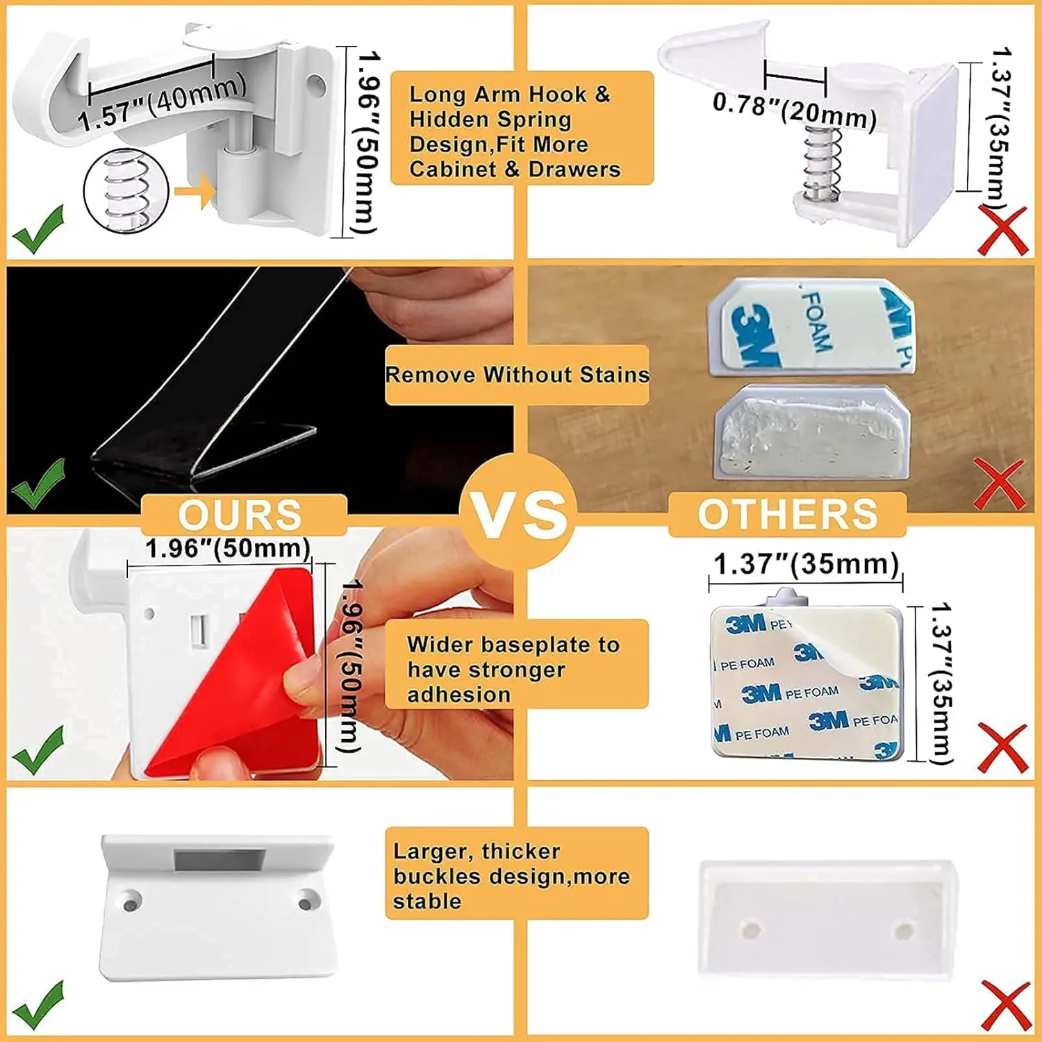 Invisible Baby Cabinet Latch Locks, No Drilling Strong Adhesive Child Safety Locks for Cabinets Drawers with Countertop Overhang - view 4
