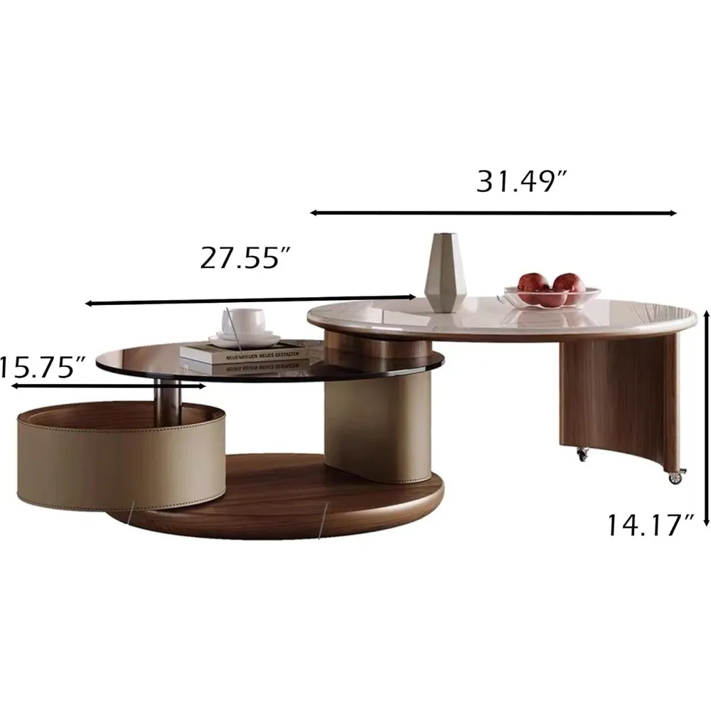 طاولة قهوة مستديرة حديثة، طاولة مركزية متعددة الاستخدامات 2 في 1 مع عجلات وتخزين، حجر متكلس وزجاج مقسى