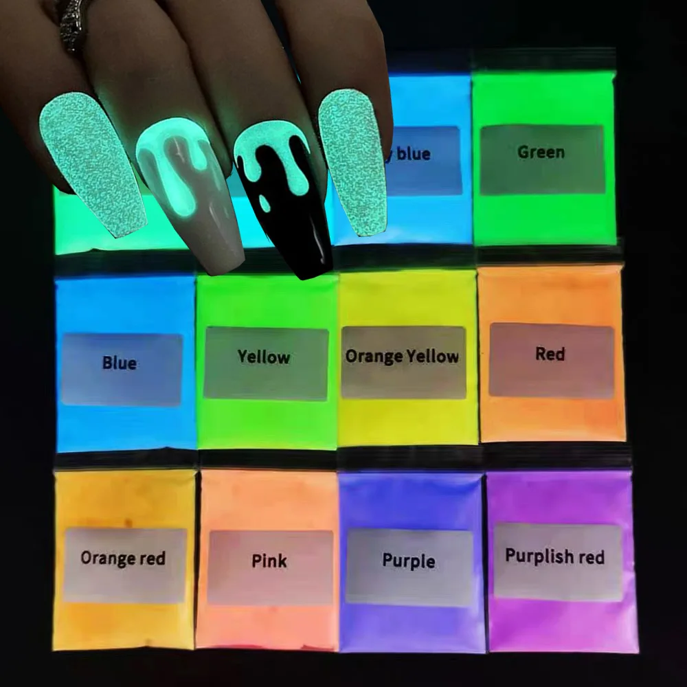 10 g/saco luminoso arte do prego em pó-brilhar no escuro pigmento de néon-12 cores fluorescência luminou fósforo manicure corpo pó cosmético