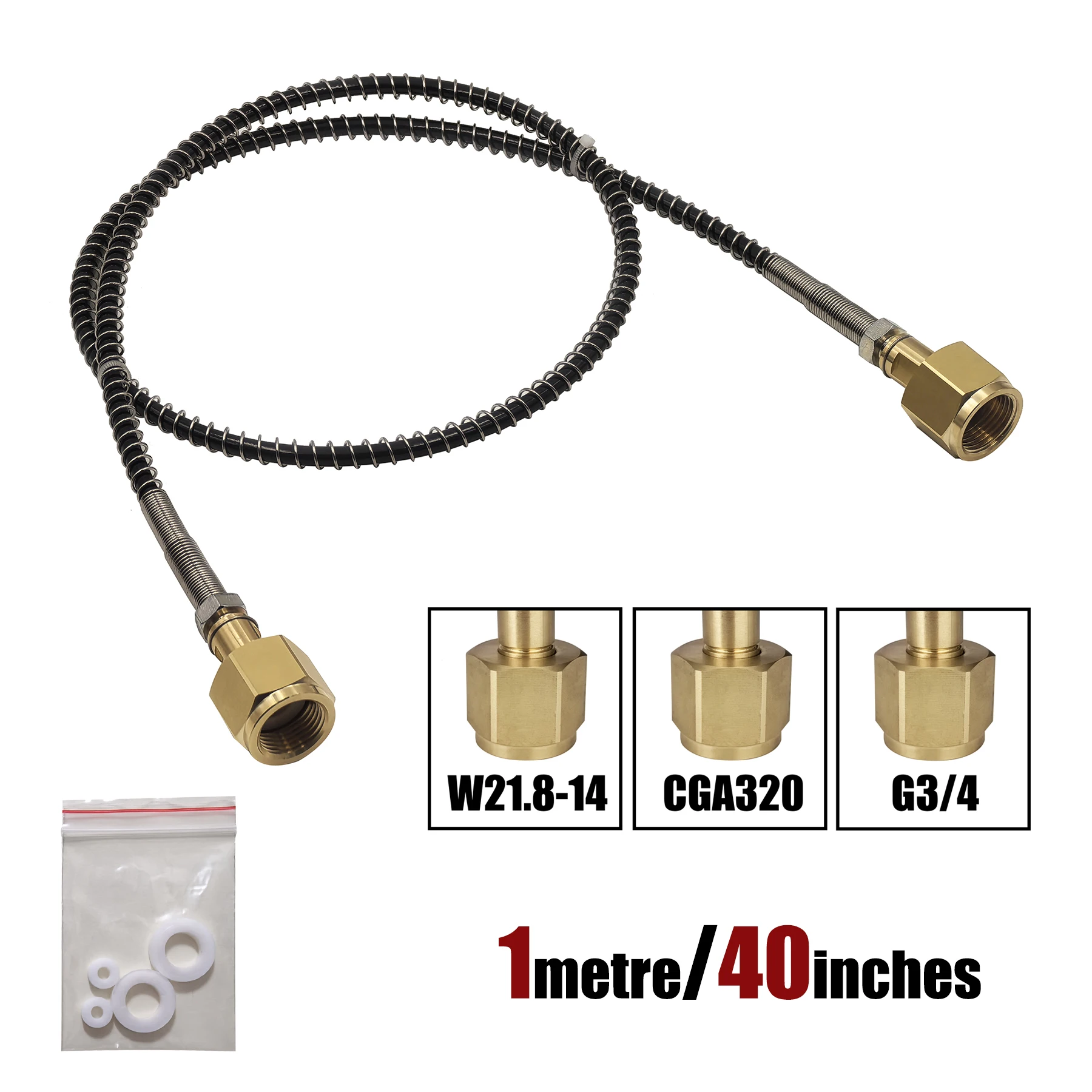 CO2 Filling Adapter Fill Refill Station Charging Adapter Connector W21.8, CGA320, G3/4 with 40inches/1metre Spring Cover Hose