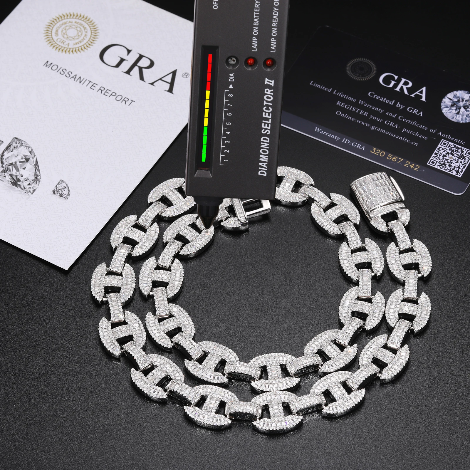Quality High 16mm Baguette Moissanite Guci Link Chain 925 Sterling Silver Lab Mossanite Diamond Iced Out Cuban Chain for Men.