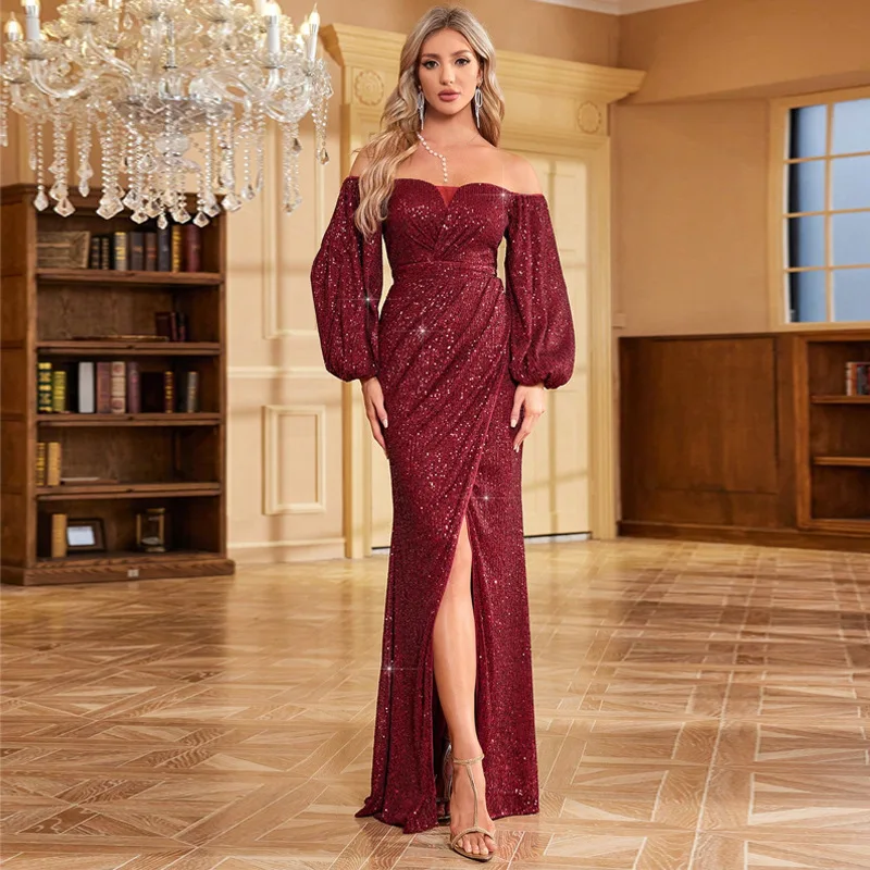 Sexy tube top dress, evening dress, noble burgundy trailing split bridesmaid dress, high-end temperament, classic luxury women's