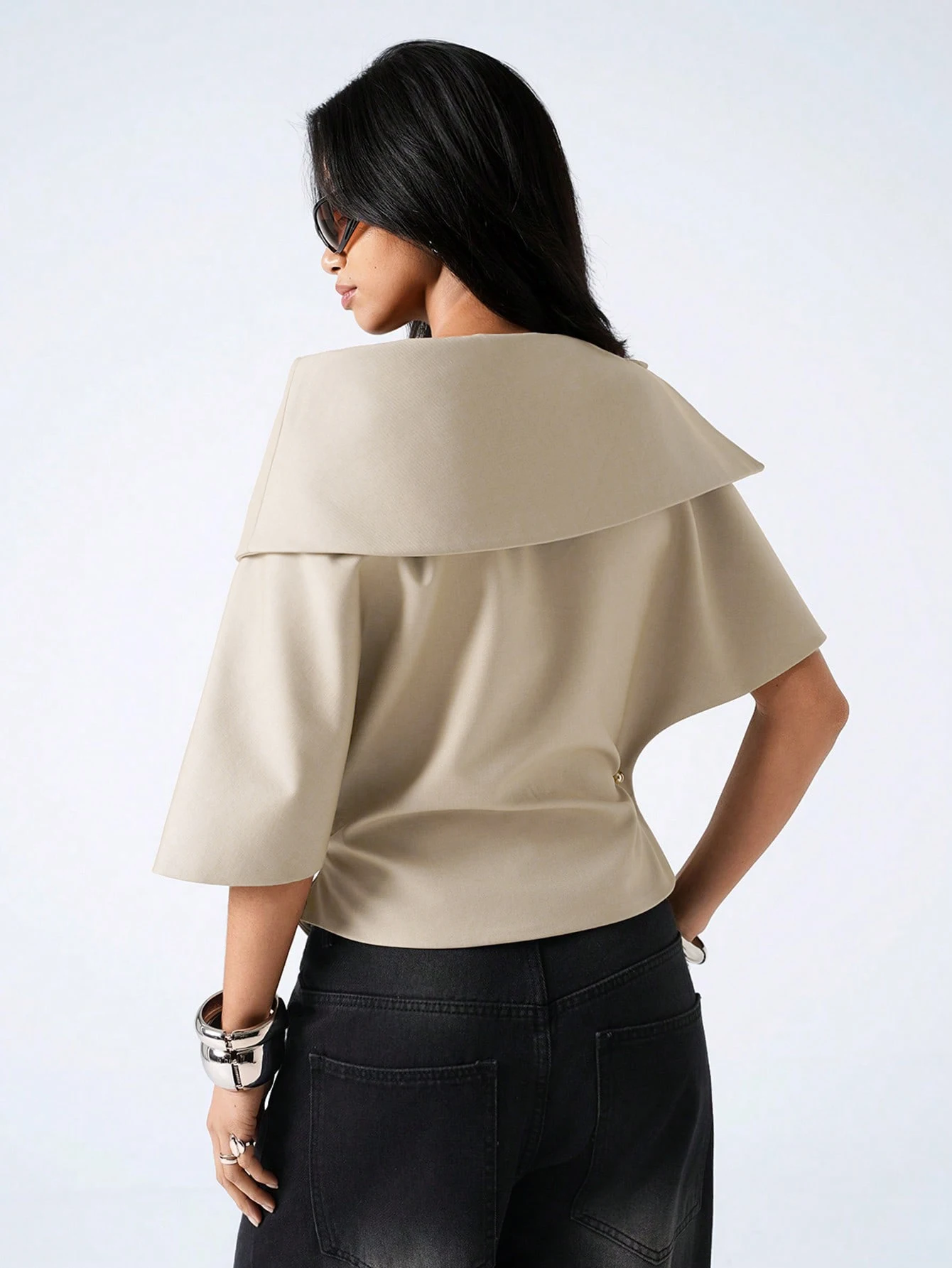 Women's Off-Shoulder Fold-Over Blouse with Flare Mid-Sleeves Metal Button Decor Elegant Short Party Top
