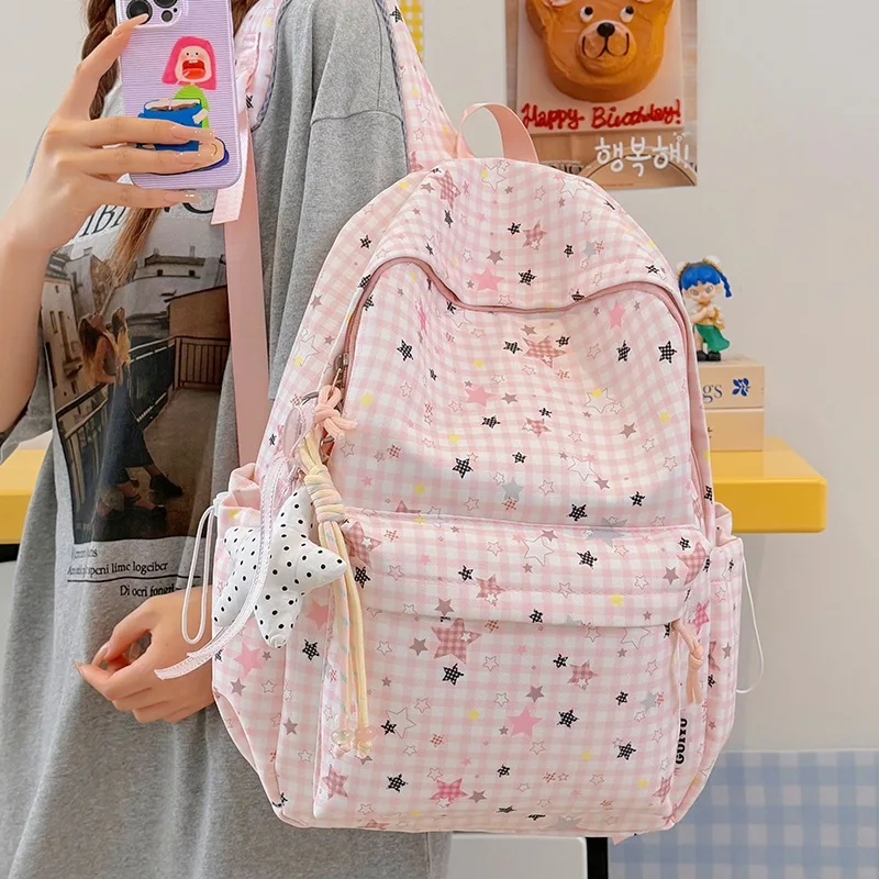 Lightweight nylon fabric student schoolbag, large-capacity color five-pointed star women's waterproof travel backpack