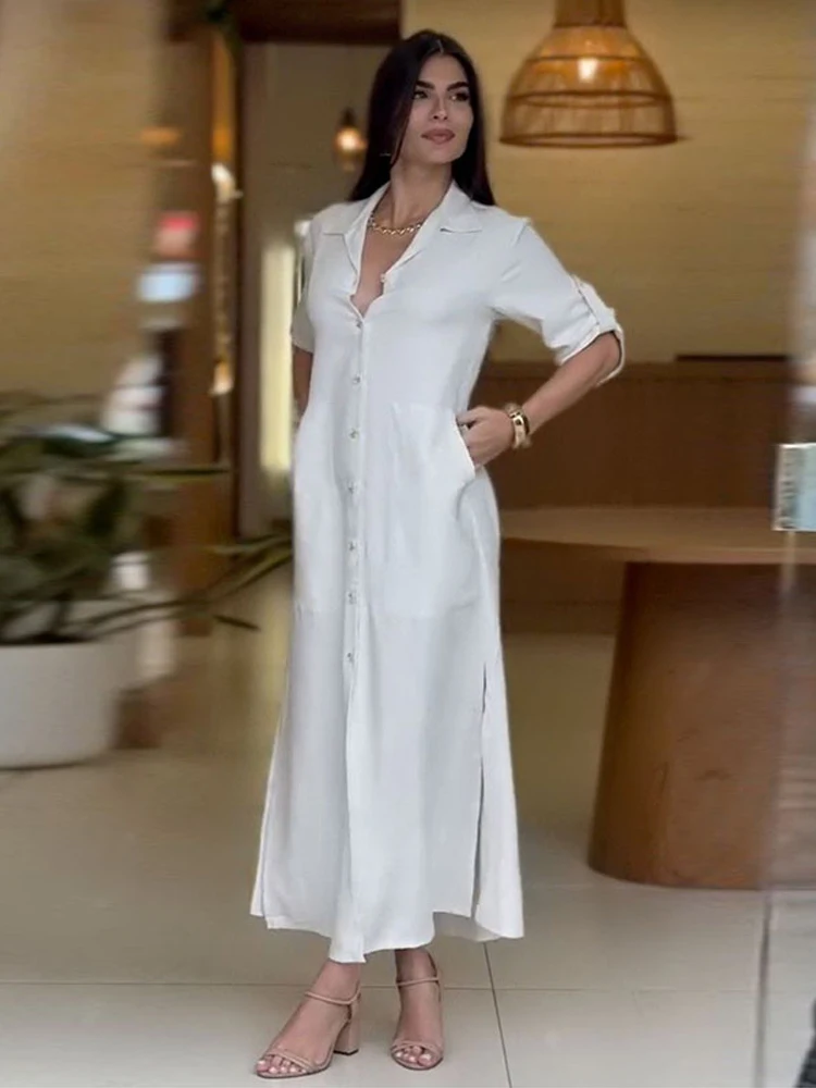 

Fashion Solid Lapel Single Breasted Women Dresses Chic Half Sleeve Lace Up Midi Dresses Casual Summer Pockets Side Split Robes