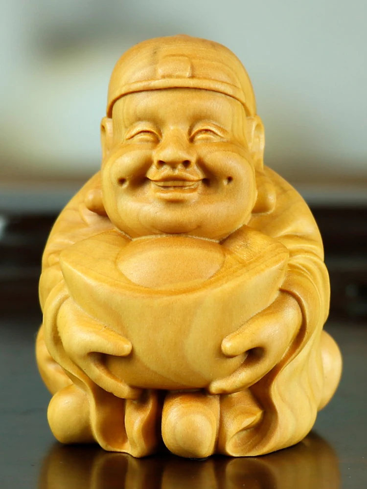 XS482- 5.8CM Tall God of Wealth Boxwood Sculpture Feng Shui Wood Carving Wealthy Man Statue Collection Ornaments