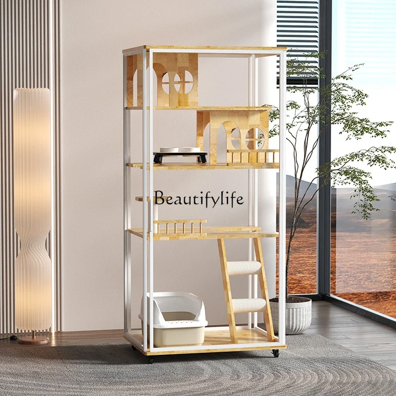 01White Panoramic Cat Villa Non-Space Occupying Solid Wood Indoor Tempered Glass Cat Cabinet