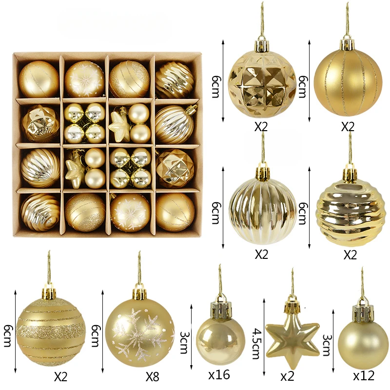 44Pcs Gold Plastic Christmas Balls Assorted Christmas Baubles Xmas Tree Snowflake Ornament 2024 New Year Decoration