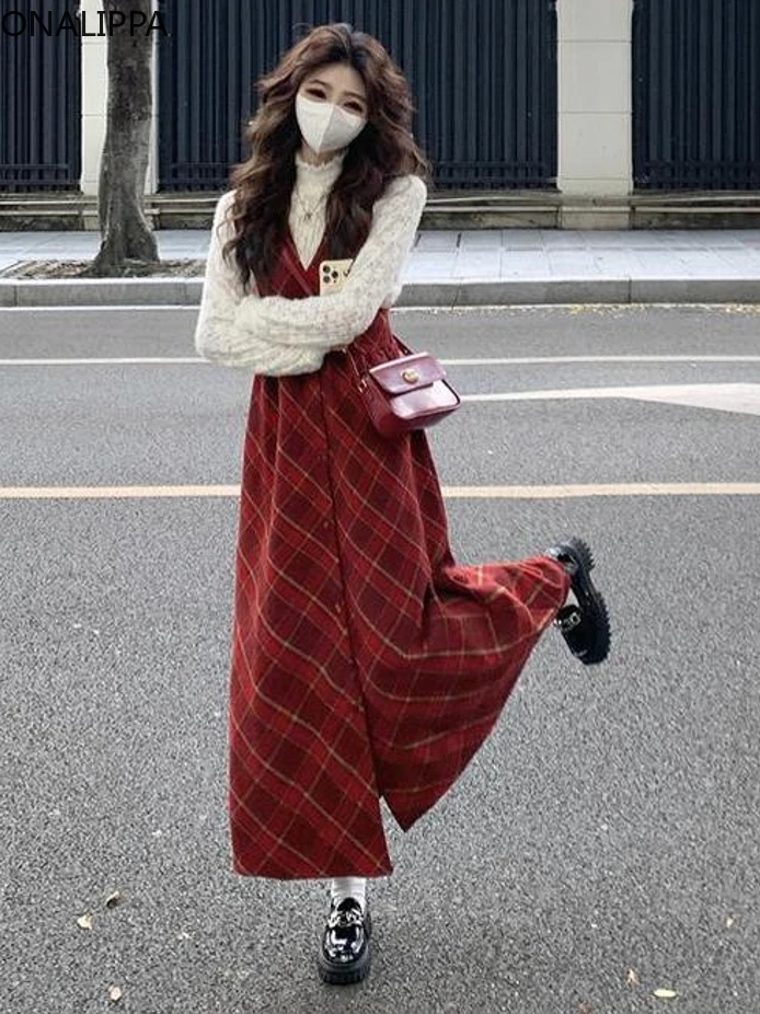 Onalippa Vintage Plaid V Neck Wool Dress for Women High Waist All Match Sleeveless Cardigan Korean Preppy Style Kawaii Dresses