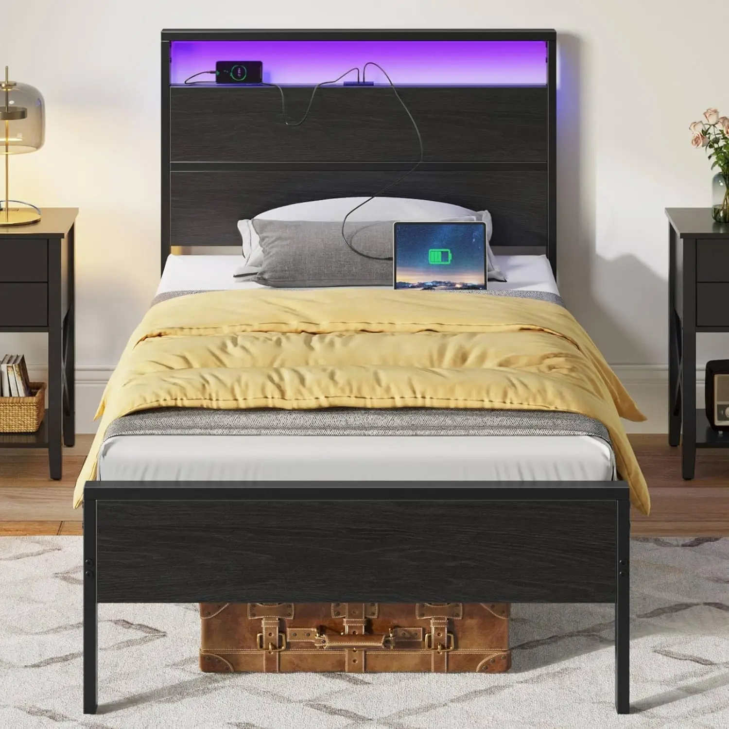 

Twin Bed Frame with LED Lights, Charging Station, Under-Bed Storage, Noise-Free Design