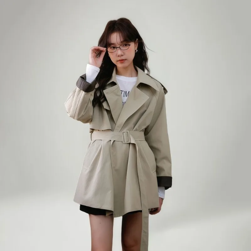 حزام الخصر طية صدر السترة متوسطة وطويلة خندق معطف المرأة معطف الخريف اضافية كبيرة الحجم فضفاضة ورقيقة معطف رائعة وبسيطة