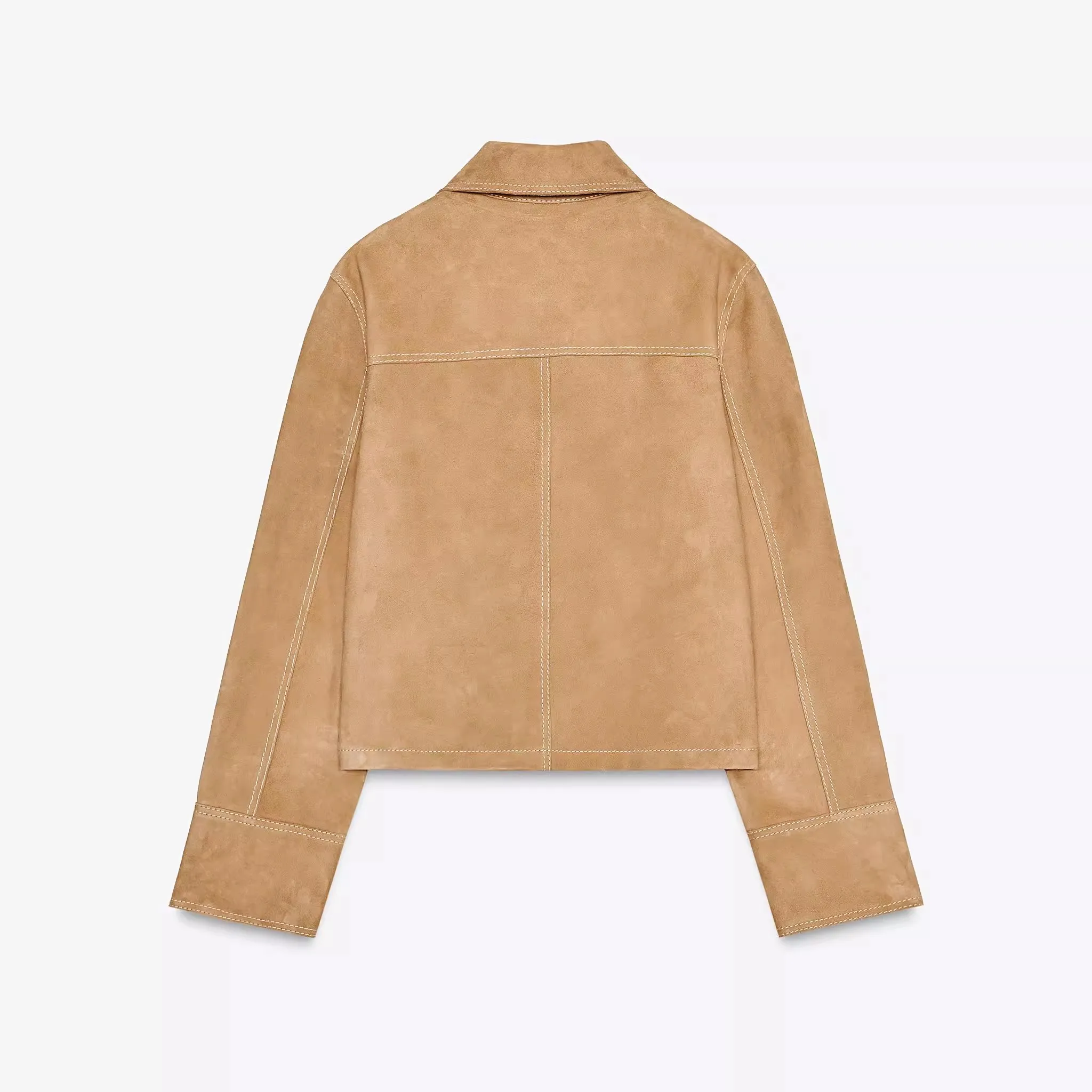 Spring 2025 Women's ZW Series Leather Jaet Velvet Texture Classy Outerwear ort Sle Long Sve  Collar Single Button