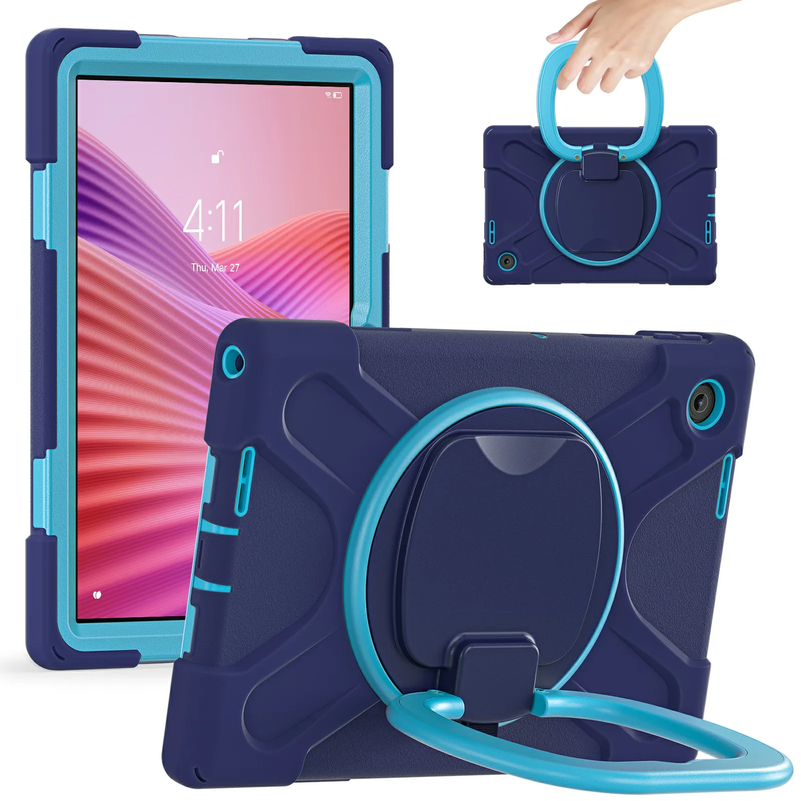 For Lenovo Tab 10.1 (2025) TB311XU / Zhaoyang K10C Case TPU + PC + Silicone Tablet Cover Swivel Kickstand Handle Grip - Navy Blu
