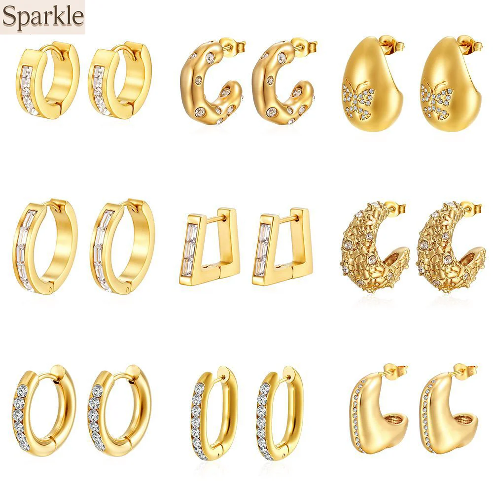 

New Stainless Steel CZ Hoop Earrings For Women Cubic Zirconia Drop Earrings Hypoallergenic All-match Ear Studs Cheap Wholesale