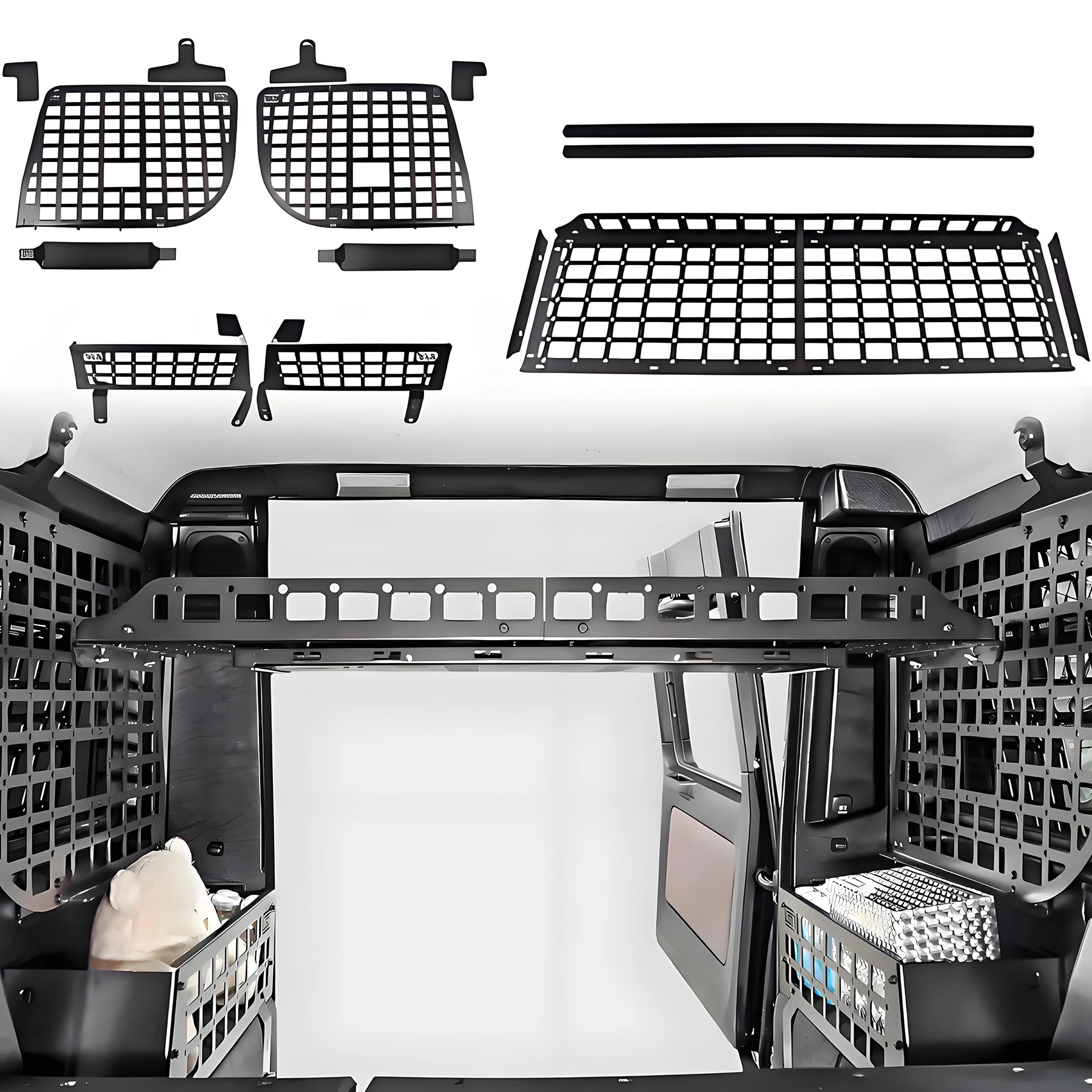 Für Mercedes-Benz G-Klasse G500 G55 W463 2004-2018 Molle-Panel Kofferraum-Organizer Hochbelastbarer Aluminium-Laderaum-Organizer Kofferraum-Platzsparer
