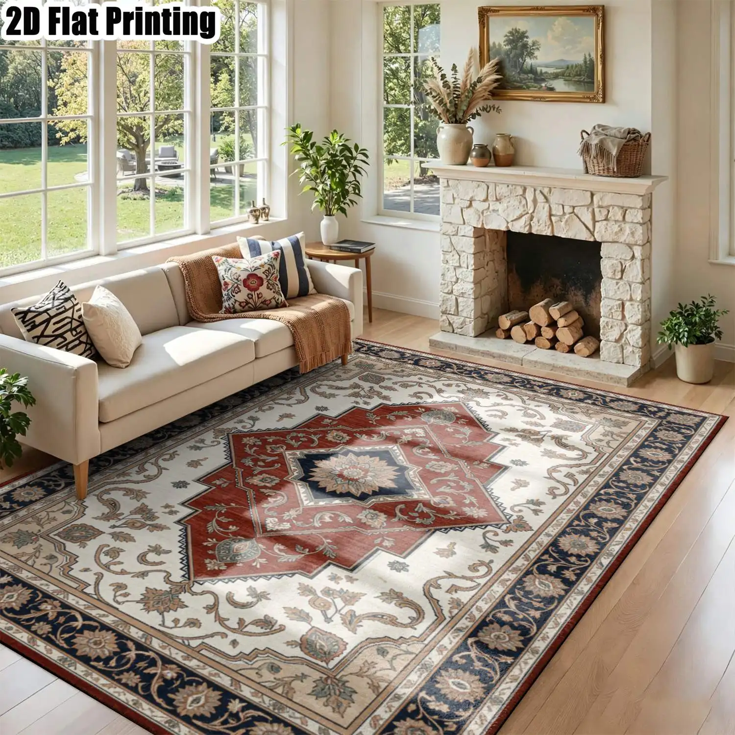 1Pc 2D Printed Retro Brown-Red Floral Pattern Carpet, European/Vintage/Bohemian Style, Home Decor, Multi-Size, Machine Washable, for Multi-Scene Use