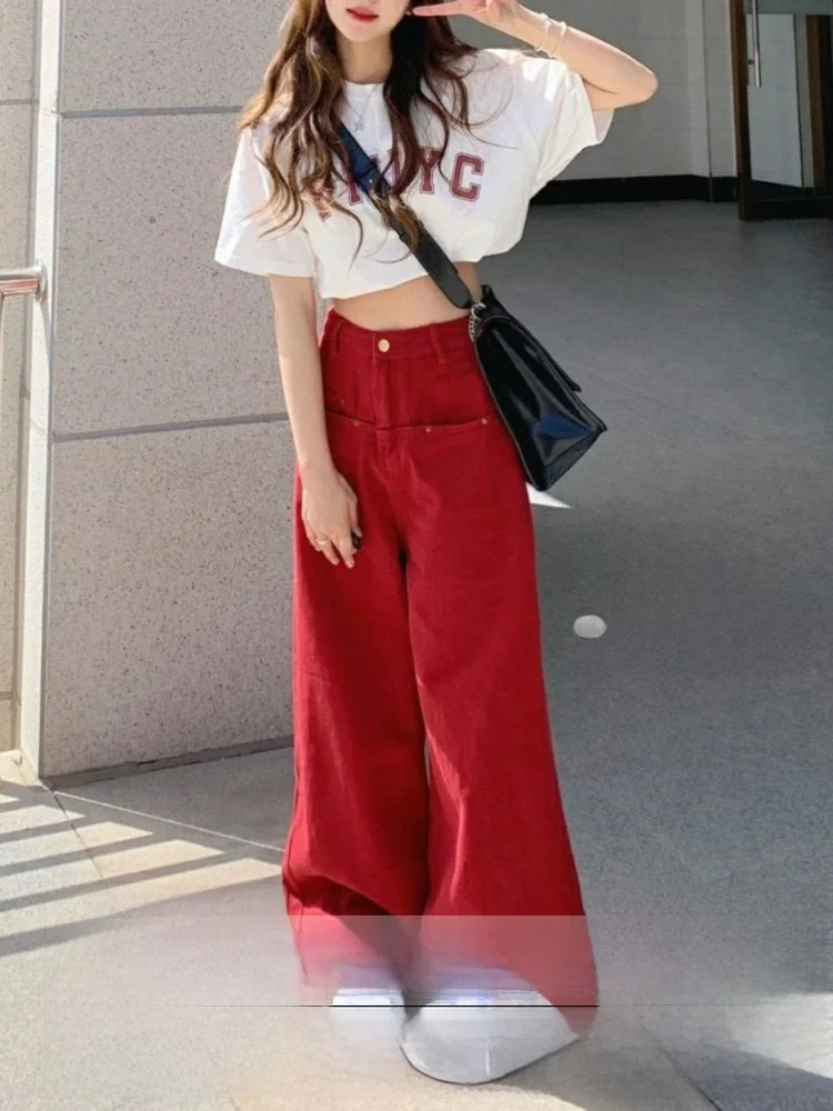 

Джинсы женские с высокой талией, широкие, красные, повседневные, свободные, прямые, в пол, для осени и зимы, модные