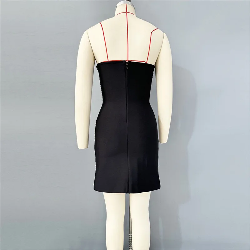Mini abito da fasciatura per feste con perline di diamanti di lusso alla moda 2025 Abiti da cocktail party per celebrità aderenti con spalline sexy nere estive