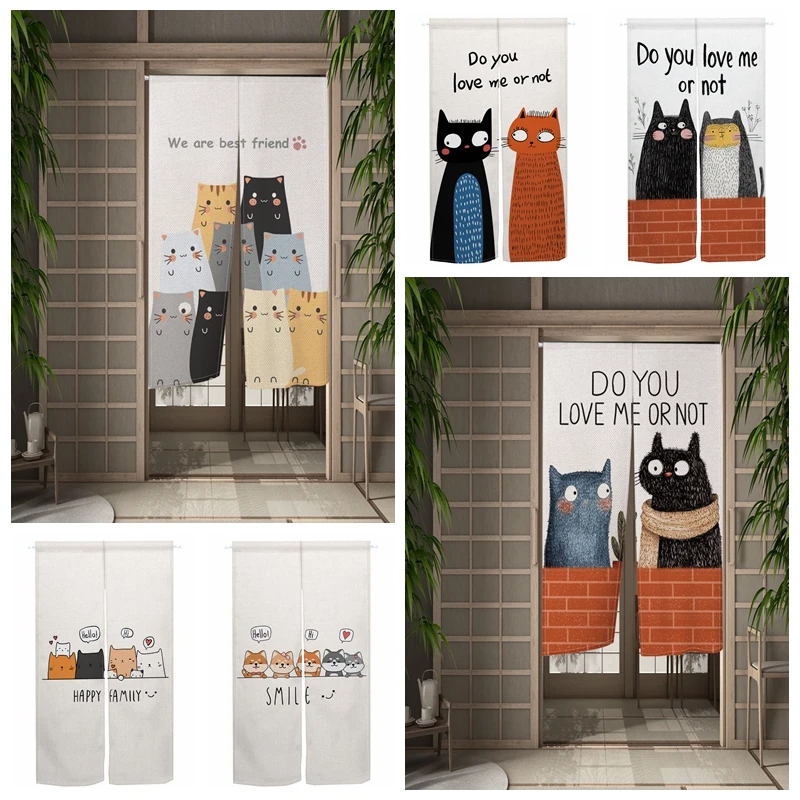 Japanese Cute Cat Door Curtains Noren Home Bedroom Decoration Linen Doorway Kitchen Entrance Velcro Hanging Half-split Curtain