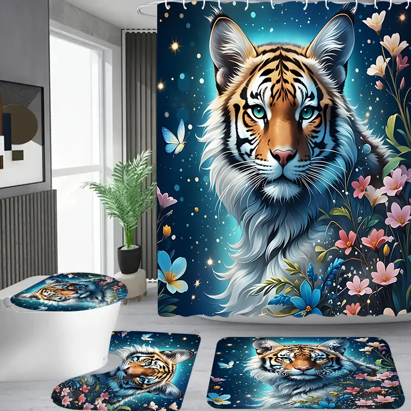 

4pcs Tigers and flowers pattern, Apartment bathroom, Shower Room shower curtain, hotel shower curtain set, with 12 hooks