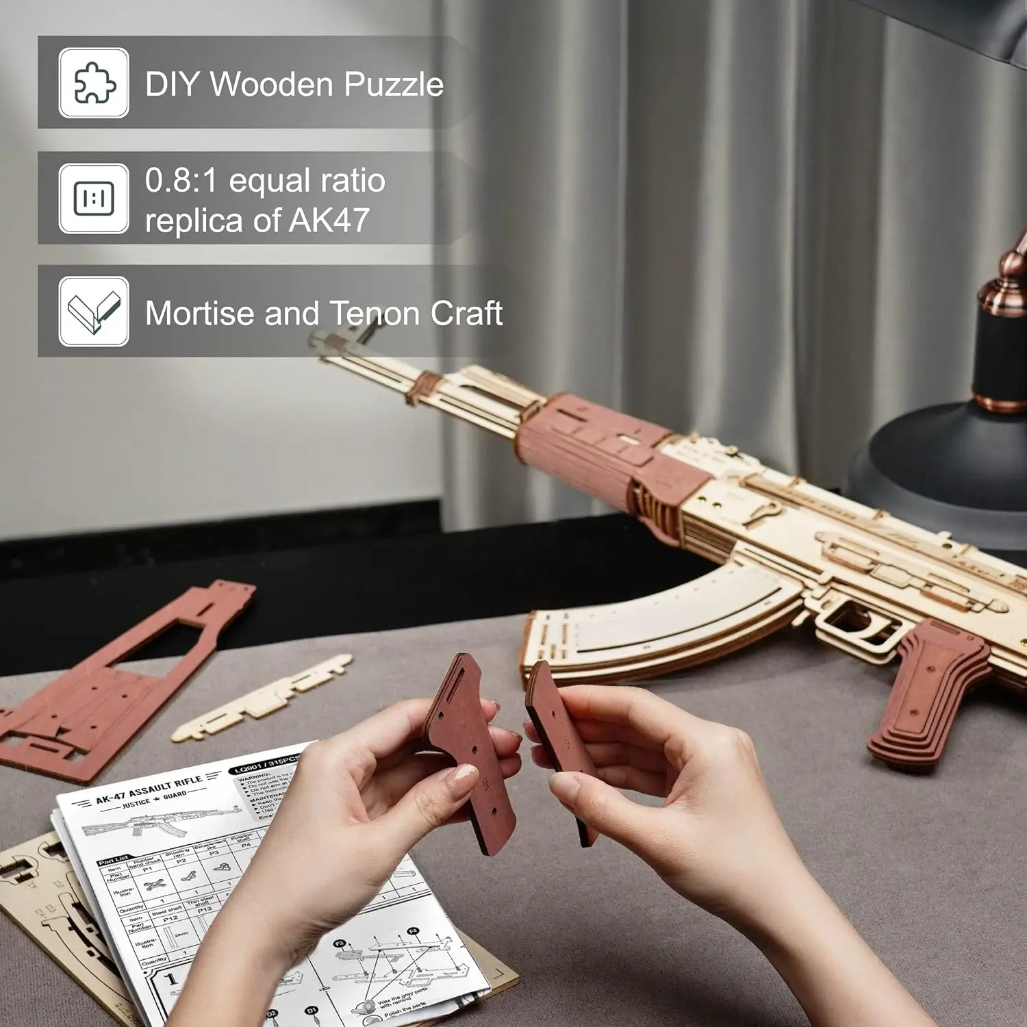 Robotime Rokr Automatic Rifle AK47 3D Wooden Gun Funny DIY Building Block Toys for Kids Adults Justice Guard Wooden PuzzleLQ901