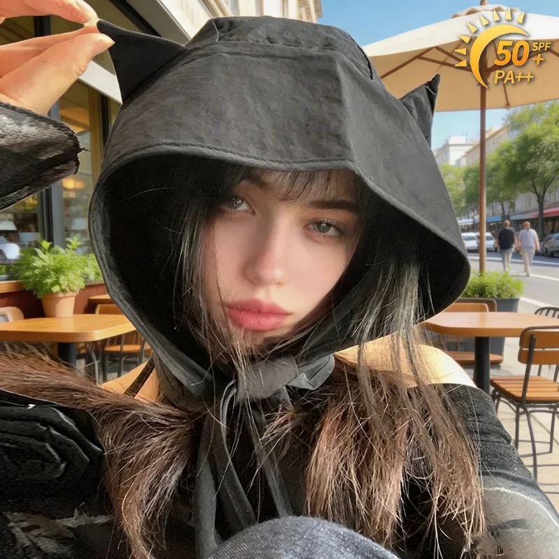 Spring Summer Quick Drying Sunscreen Cat Ears Hat Imp Sun Hat Strapped Thin Ear Protection Turban Fisherman