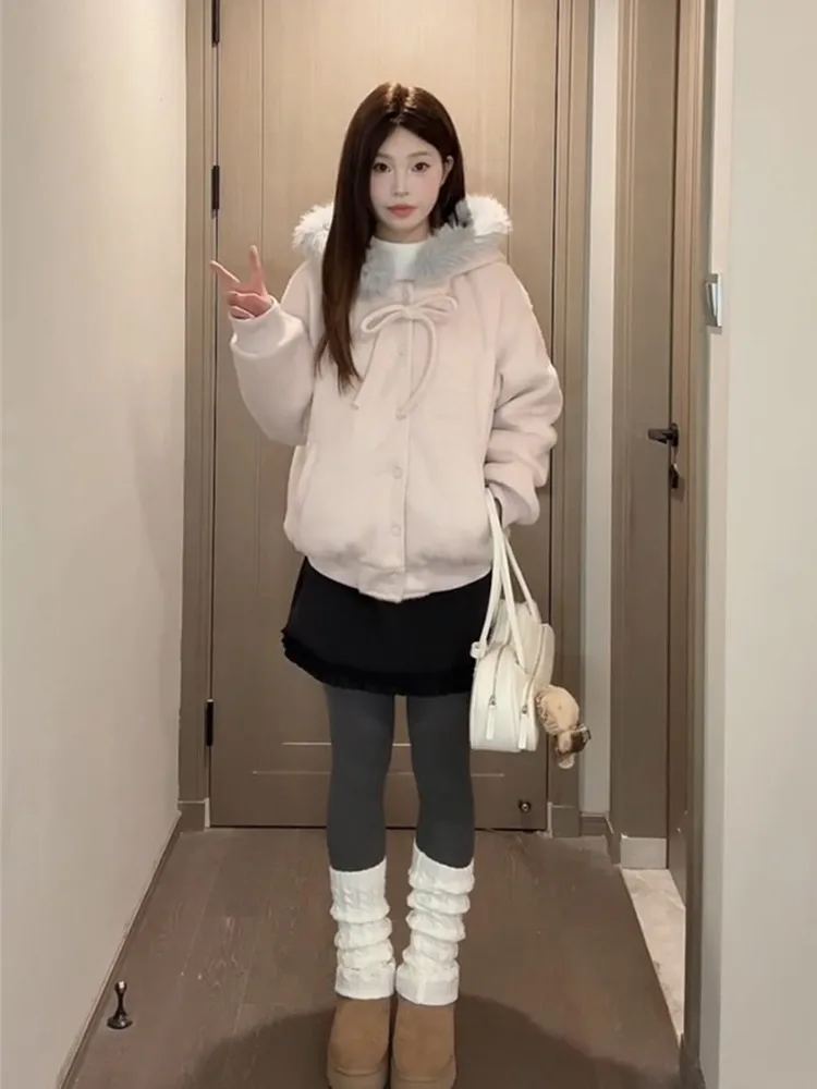 Sweet Sle Women's Baseball Jaet with Fur Collar Bow Tie Hooded Coat Korean High-End Feel Autumn Winter New Arrival