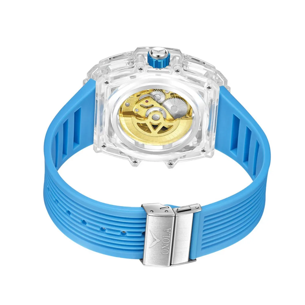 ONOLA-Montres Mécaniques Automatiques pour Homme, Double Tourbillon, Boîtier Transparent, Bracelet en Silicone Étanche