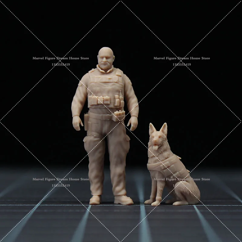 1/64 1/43 Scale Miniature Scene Doll White Model Un-panited Bearded Police Officers with Dogs Mini Male Solider Action Figure