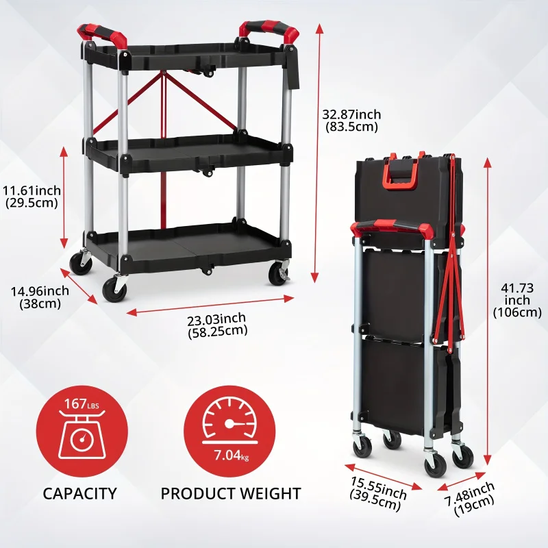 Portable Collapsible Service Cart, 3-Tier Portable Cart/Detailing Cart/Utility Carts With 2 Lockable Wheels For Office