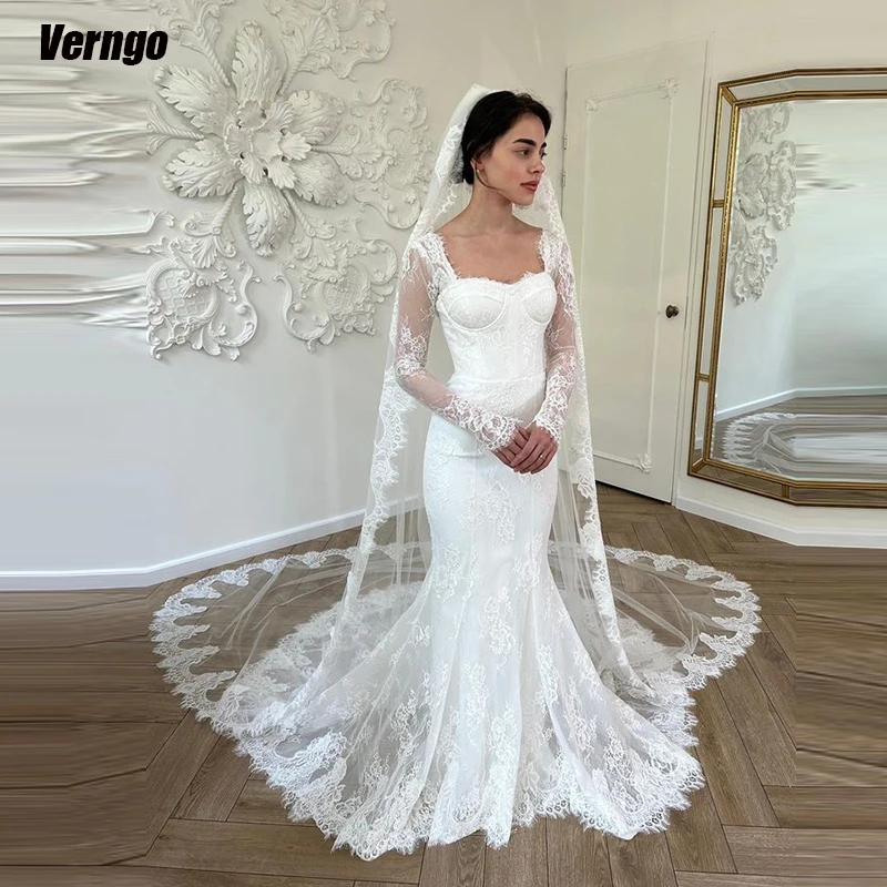 Verngo-Vestidos de casamento com tule e renda para mulheres, vestidos de noiva, mangas compridas, querida, 2024