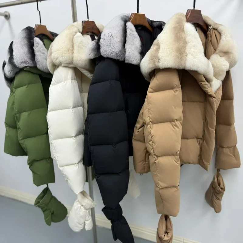 Winter 2025, Damen-Daunenjacke mit Kapuze und großem Pelzkragen, Y2K, hochwertiger, modischer, lässiger, dicker, warmer Gänsedaunenmantel mit Handschuhen