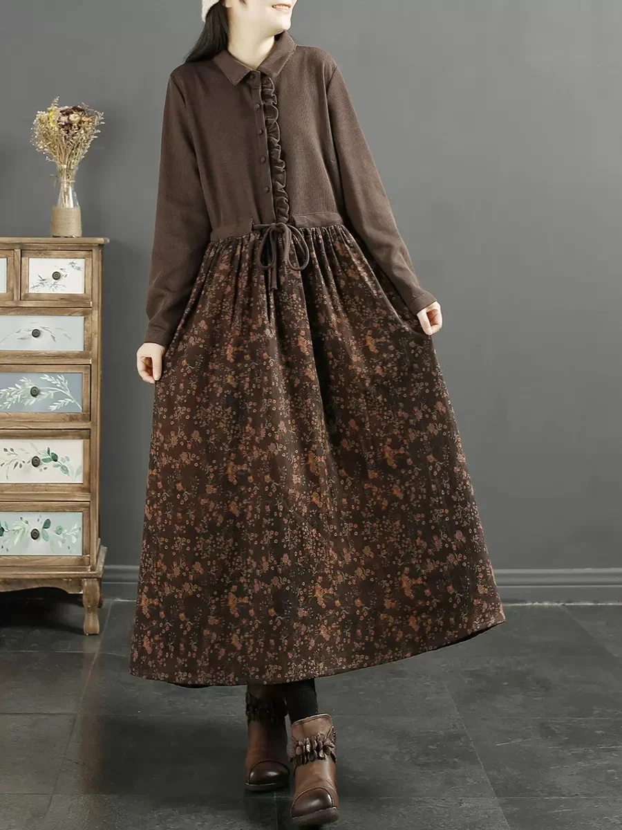 Retro Floral Patchwork Turn-down Collar Long Dress Women's Autumn New Style Wooden  Sensation Belted Dress A-line Skirt