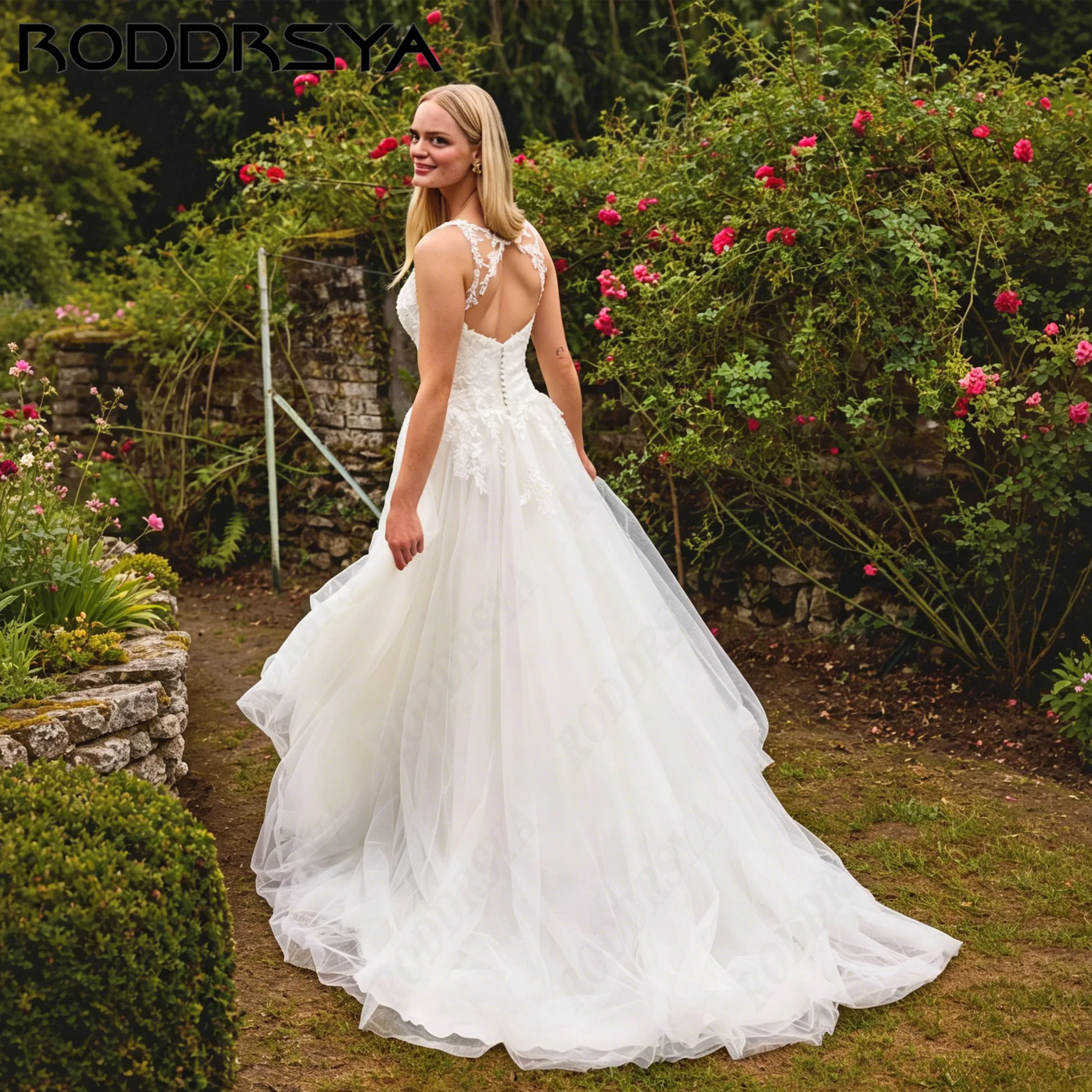 RODDRSYA Illusion Back A-Line Wedding Dress Lace Appliques V-Neck Tulle Gown Bridal Beach Spaghetti Strap Brautkleid Customized