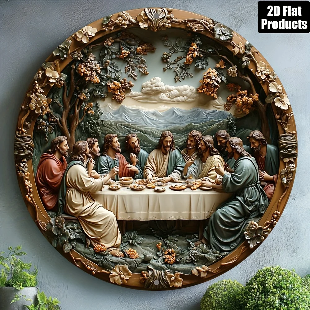 2D Metal Sign, Religious Wall Art Circular Metal Poster, Vintage Last Supper Decoration for Living Room Office Bar Cafe Housewar
