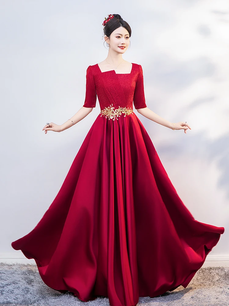

Вечернее платье для взрослых женщин, длинное, красное, для выступлений, конкурсов, ведущих, в корейском стиле, свадебное, в пол