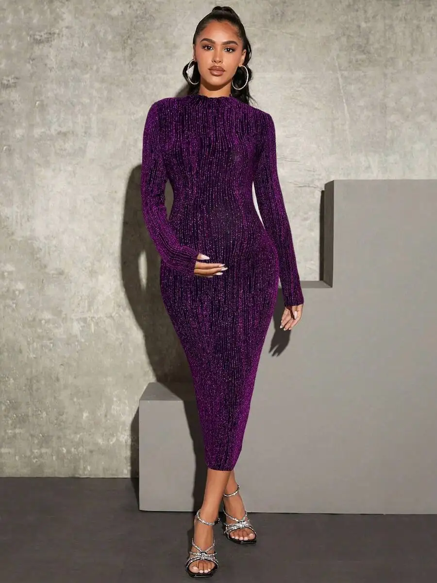 

Elegant Solid Color Fitted Long Sleeve Midi Dress Purple