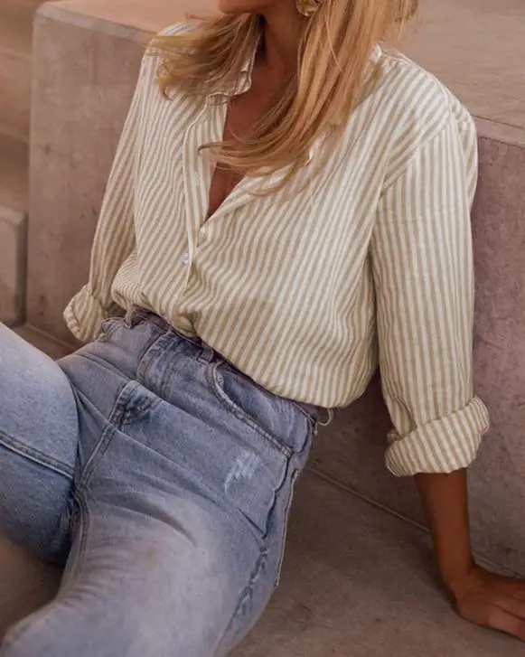 

Women Blouse 2026 Spring Autumn New Turn-Down Collar Long Sleeve Loose Fit Versatile Casual Daily Striped Shirt Top