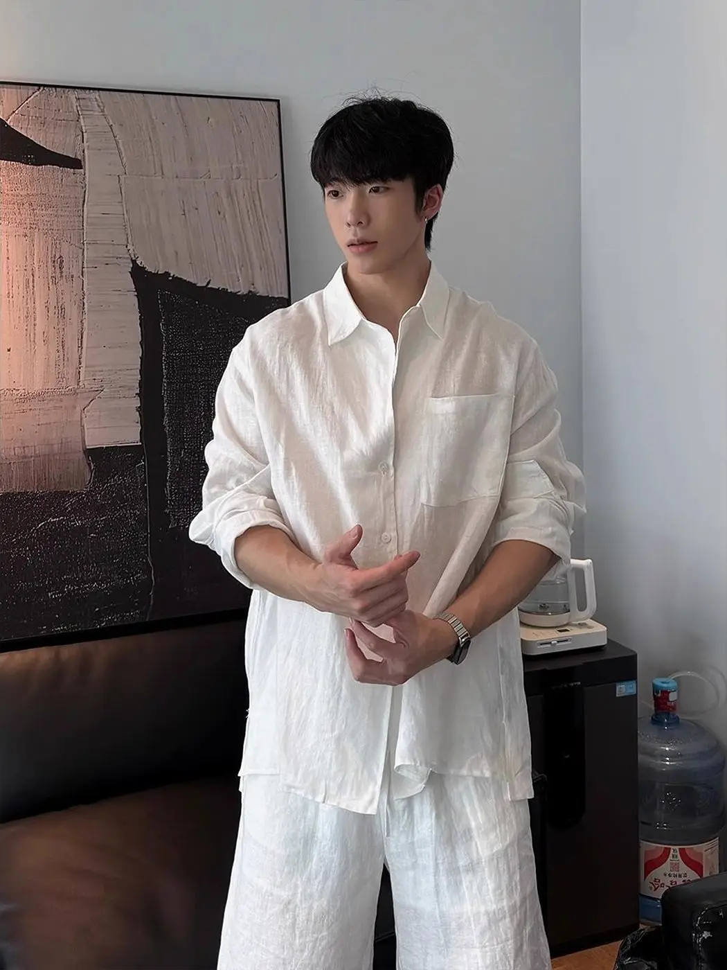 Spring/Summer Men's Matching Sets French Casual Fashion Loose White Lapel Long Sleeve Shirt Elastic Waist Shorts 2 Pieces Set view 5