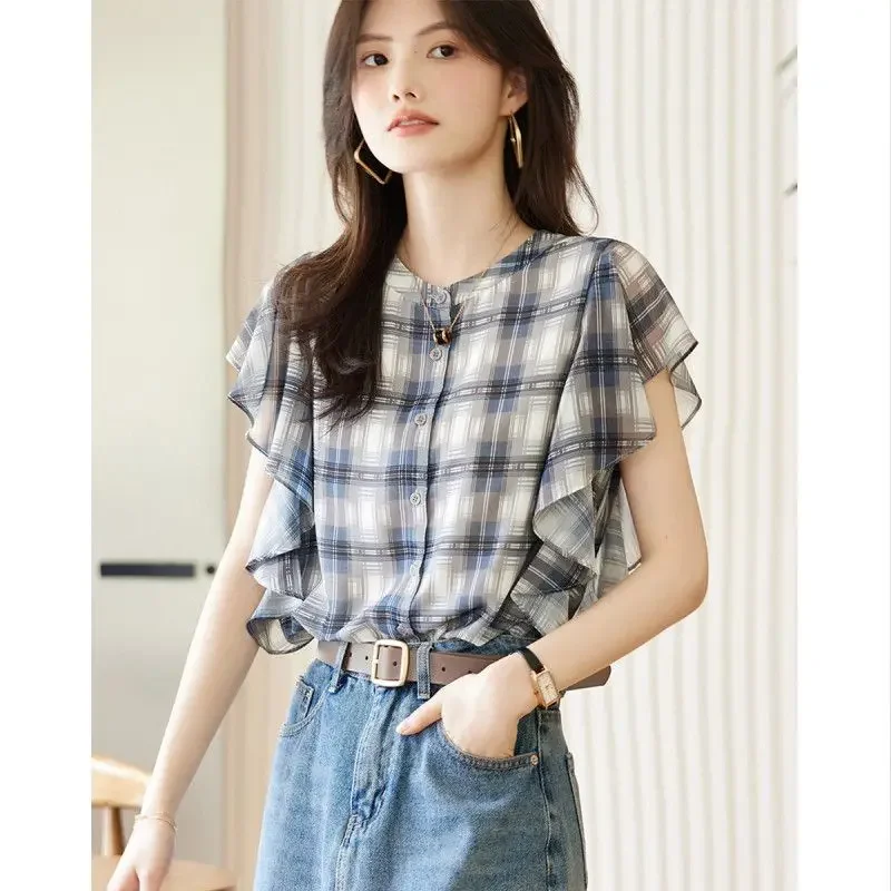 With Short Sleeve Woman Top Ruffle Shirts & Blouses for Women Loose Print Frill Korean Popular Clothes New Collection 2024 M Xl