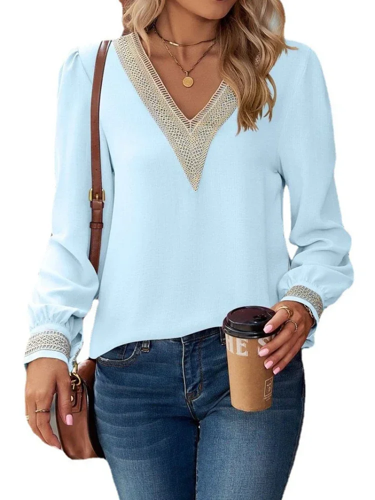 

Women's V-Neck Lace Chiffon Tops, Long Sleeve, Monochromatic