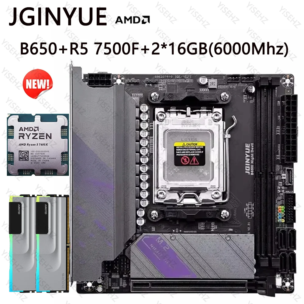 JGINYUE B650 ITX Motherboard Set AMD R5 7500F CPU AM5 LGA1700 2*16GB 6000Mhz DDR5 Dual Channel Memory RAM B650i Night Devil