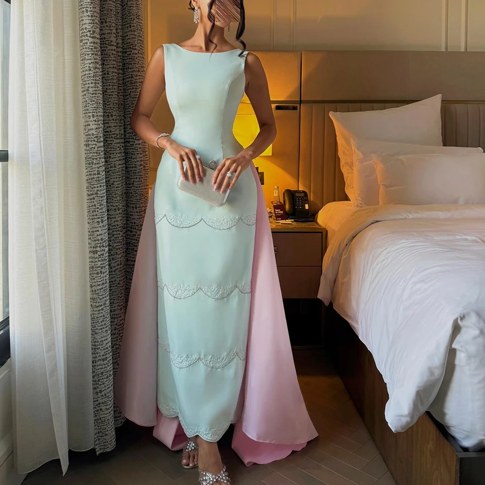 

Customized O-neck Straight Jersey Evening Dress Sleeveless With Watteau Train Party Dress Backless Ankle Length Prom Gown