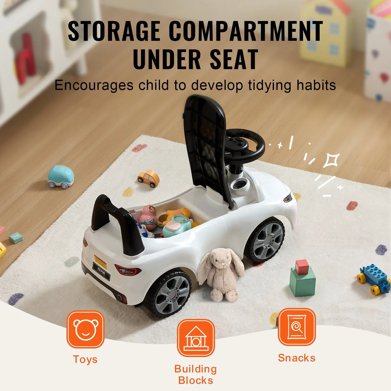 Stylish Ride On Push Car for Kids Aged 1-3 with Electronic Music Wheel Anti-Backward Bar and Seat-Level Storage White