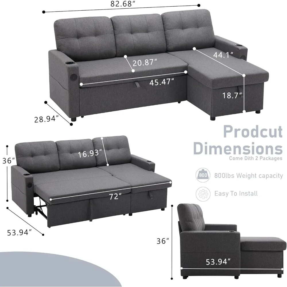 أريكة نوم حديثة على شكل حرف L مع سرير قابل للسحب، وأريكة منجدة، ومنفذ USB، وجيوب جانبية لراحة غرفة المعيشة