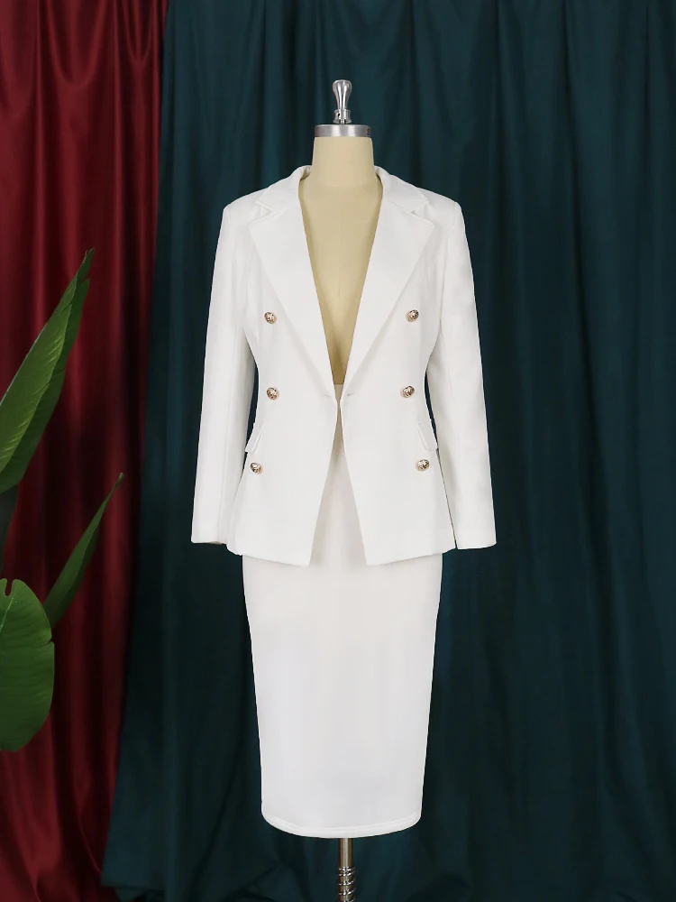 Blazer de manga comprida e saias de cintura alta para mulheres, conjuntos plus size, jaquetas entalhadas, trajes de escritório, branco, roupas 2